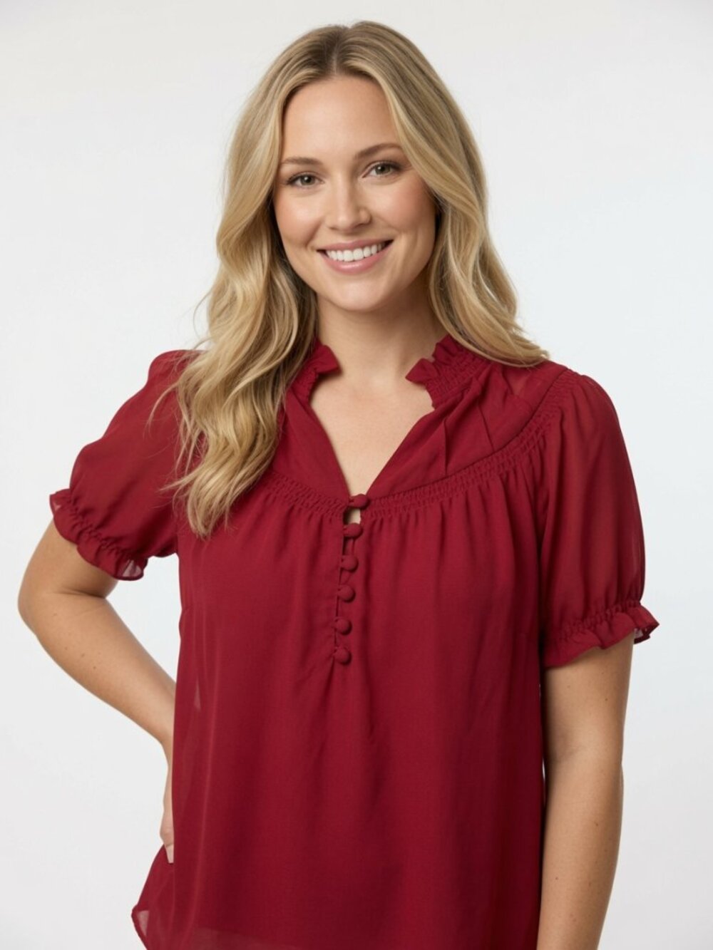 Worthington Red Smocked Short Sleeve Peasant Blouse - Size S